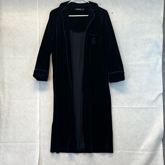 LAUREN RALPH LAUREN Robe Women's Small Blue Velvet Long Full Zip Collared Caftan - Picture 6 of 13